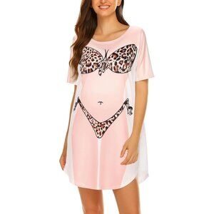 🆕Women's Leopard Print Bikini Cover-Up Dress, Polyester, Short Sleeve, Fun Wear